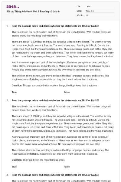 Bài tập Tiếng Anh 8 mới Unit 8 Reading có đáp án