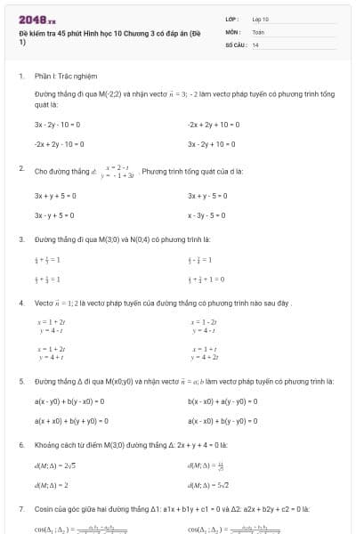 Đề kiểm tra 45 phút Hình học 10 Chương 3 có đáp án (Đề 1)