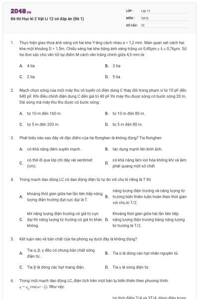 Đề thi Học kì 2 Vật Lí 12 có đáp án (Đề 1)