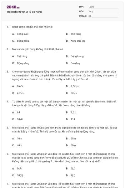 Trắc nghiệm Vật Lí 10 Cơ Năng