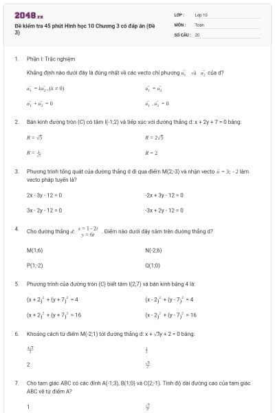 Đề kiểm tra 45 phút Hình học 10 Chương 3 có đáp án (Đề 3)