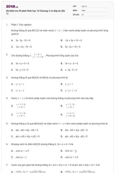 Đề kiểm tra 45 phút Hình học 10 Chương 3 có đáp án (Đề 1)