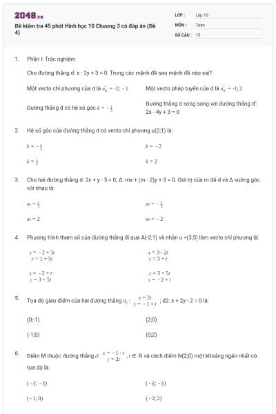 Đề kiểm tra 45 phút Hình học 10 Chương 3 có đáp án (Đề 4)