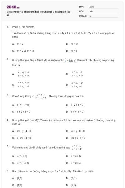 Đề kiểm tra 45 phút Hình học 10 Chương 3 có đáp án (Đề 2)