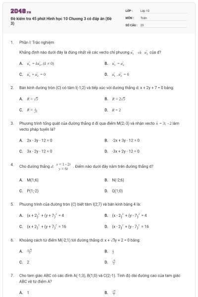 Đề kiểm tra 45 phút Hình học 10 Chương 3 có đáp án (Đề 3)