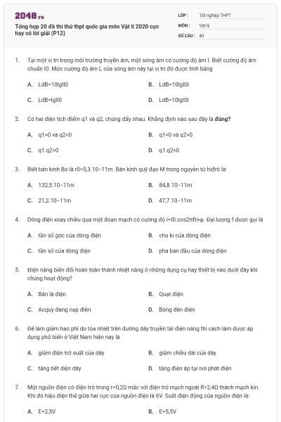 Tổng hợp 20 đề thi thử thpt quốc gia môn Vật lí 2020 cực hay có lời giải (P12)