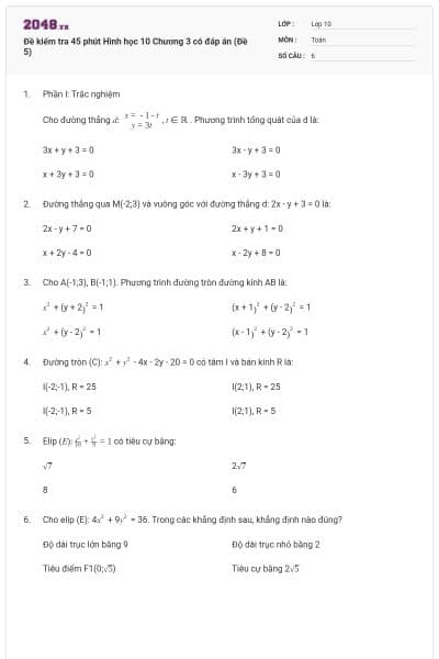 Đề kiểm tra 45 phút Hình học 10 Chương 3 có đáp án (Đề 5)