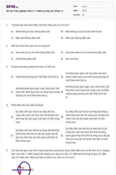 90 câu Trắc nghiệm Vật Lí 11 Mắt (có đáp án) (Phần 1)