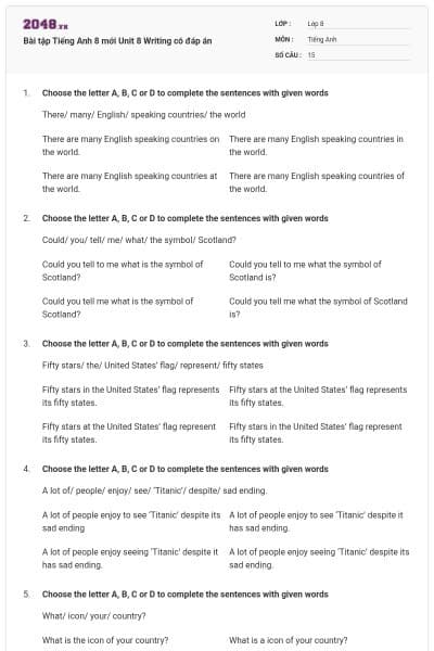 Bài tập Tiếng Anh 8 mới Unit 8 Writing có đáp án