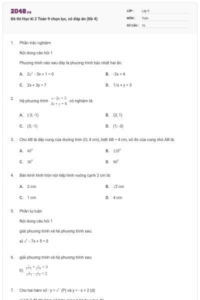 Đề thi Học kì 2 Toán 9 chọn lọc, có đáp án (Đề 4)