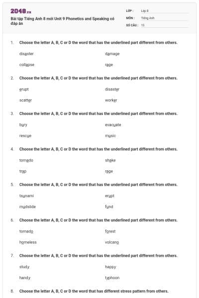 Bài tập Tiếng Anh 8 mới Unit 9 Phonetics and Speaking có đáp án