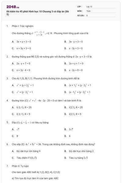 Đề kiểm tra 45 phút Hình học 10 Chương 3 có đáp án (Đề 5)