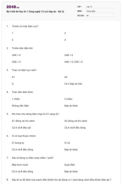 Bộ 4 Đề thi Học kì 1 Công nghệ 12 (có đáp án - Đề 3)