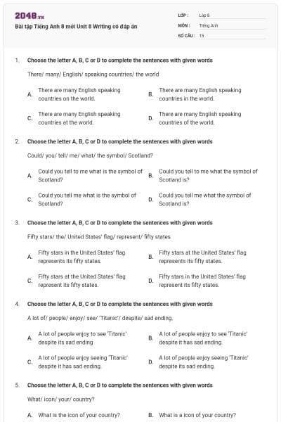 Bài tập Tiếng Anh 8 mới Unit 8 Writing có đáp án