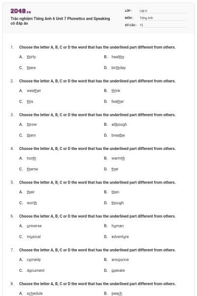 Trắc nghiệm Tiếng Anh 6 Unit 7 Phonetics and Speaking có đáp án