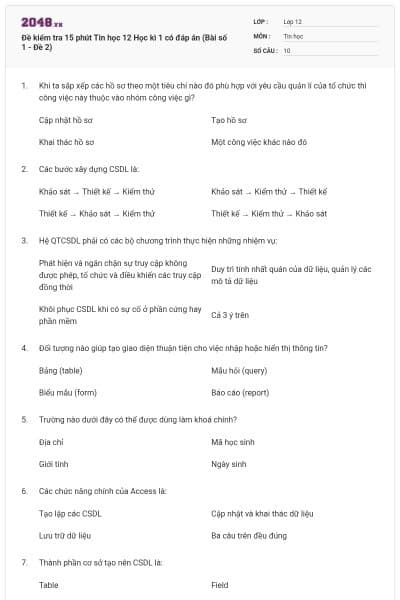 Đề kiểm tra 15 phút Tin học 12 Học kì 1 có đáp án (Bài số 1 - Đề 2)