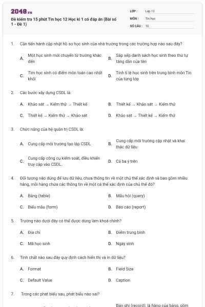 Đề kiểm tra 15 phút Tin học 12 Học kì 1 có đáp án (Bài số 1 - Đề 1)