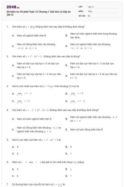 Đề kiểm tra 45 phút Toán 12 Chương 1 Giải tích có đáp án (Đề 4)