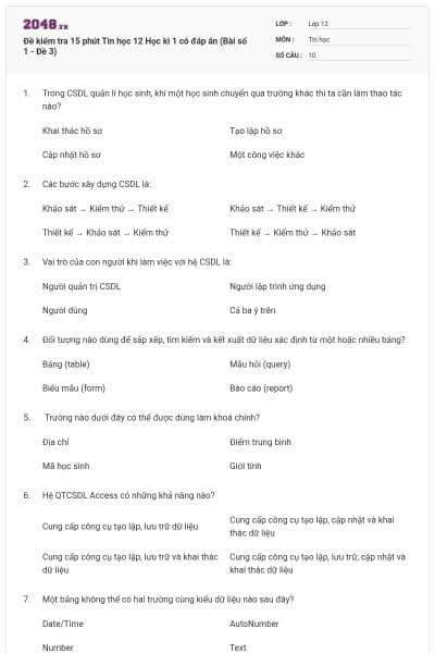 Đề kiểm tra 15 phút Tin học 12 Học kì 1 có đáp án (Bài số 1 - Đề 3)