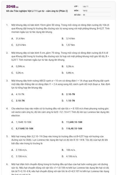 68 câu Trắc nghiệm Vật Lí 11 Lực từ - cảm ứng từ (Phần 2)