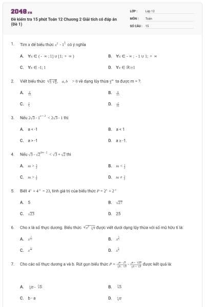 Đề kiểm tra 15 phút Toán 12 Chương 2 Giải tích có đáp án (Đề 1)