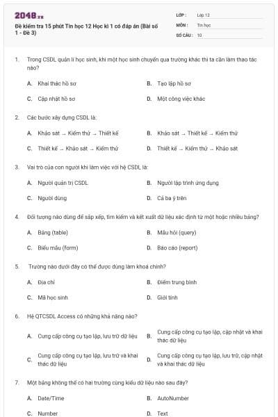Đề kiểm tra 15 phút Tin học 12 Học kì 1 có đáp án (Bài số 1 - Đề 3)
