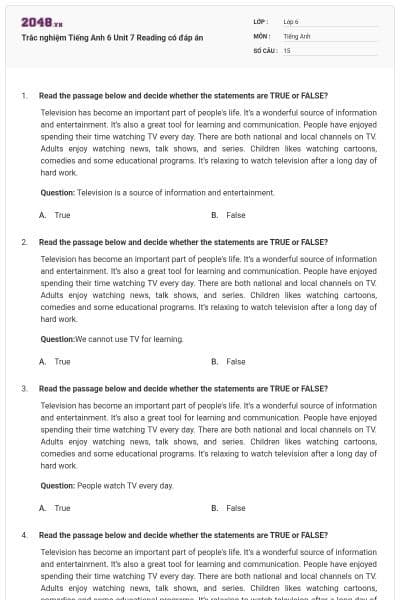 Trắc nghiệm Tiếng Anh 6 Unit 7 Reading có đáp án