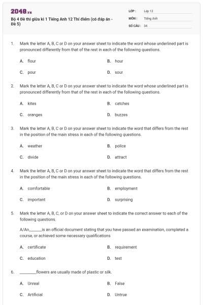 Bộ 4 Đề thi giữa kì 1 Tiếng Anh 12 Thí điểm (có đáp án - Đề 5)
