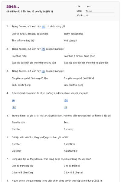 Đề thi Học kì 1 Tin học 12 có đáp án (Đề 1)