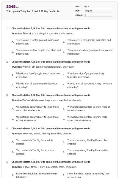 Trắc nghiệm Tiếng Anh 6 Unit 7 Writing có đáp án