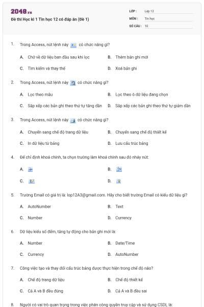 Đề thi Học kì 1 Tin học 12 có đáp án (Đề 1)