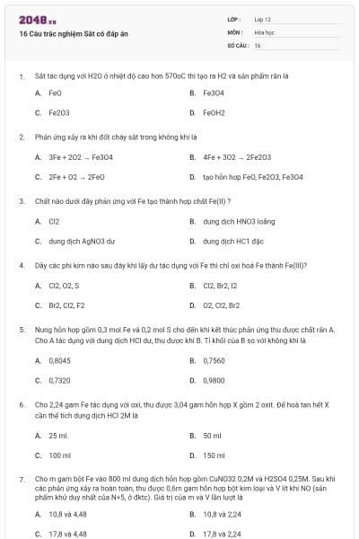 16 Câu trắc nghiệm Sắt có đáp án