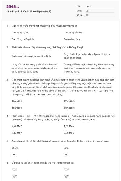 Đề thi Học kì 2 Vật Lí 12 có đáp án (Đề 2)