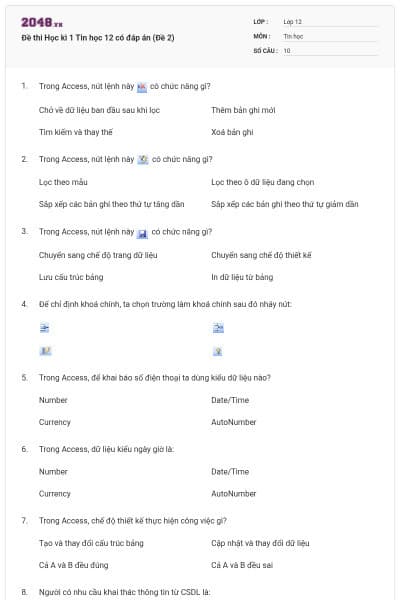 Đề thi Học kì 1 Tin học 12 có đáp án (Đề 2)