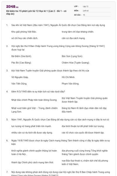 Đề kiểm tra 15 phút Lịch Sử 12 Học kì 1 (Lần 2 - Đề 1 - có đáp án)