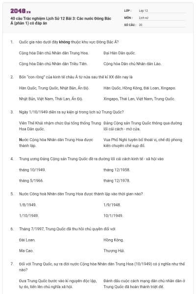 40 câu Trắc nghiệm Lịch Sử 12 Bài 3: Các nước Đông Bắc Á (phần 1) có đáp án