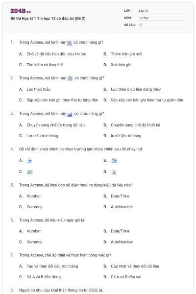 Đề thi Học kì 1 Tin học 12 có đáp án (Đề 2)