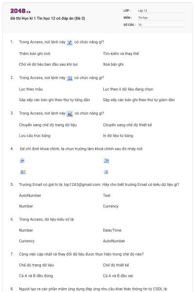 Đề thi Học kì 1 Tin học 12 có đáp án (Đề 3)