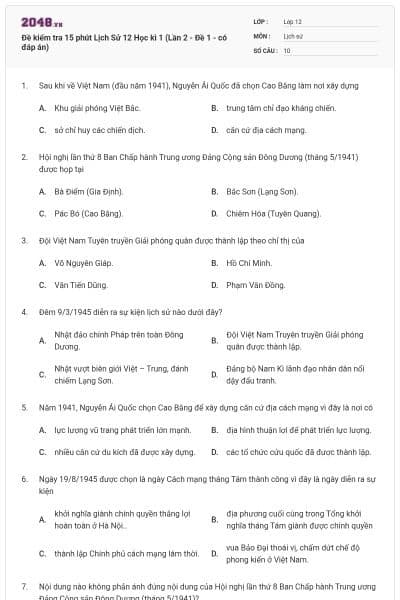 Đề kiểm tra 15 phút Lịch Sử 12 Học kì 1 (Lần 2 - Đề 1 - có đáp án)
