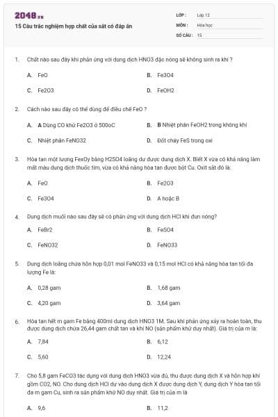 15 Câu trắc nghiệm hợp chất của sắt có đáp án