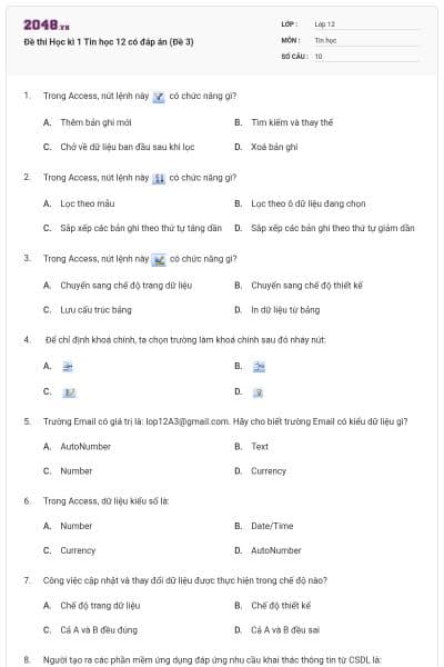 Đề thi Học kì 1 Tin học 12 có đáp án (Đề 3)