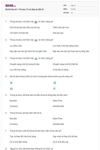 Đề thi Học kì 1 Tin học 12 có đáp án (Đề 4)