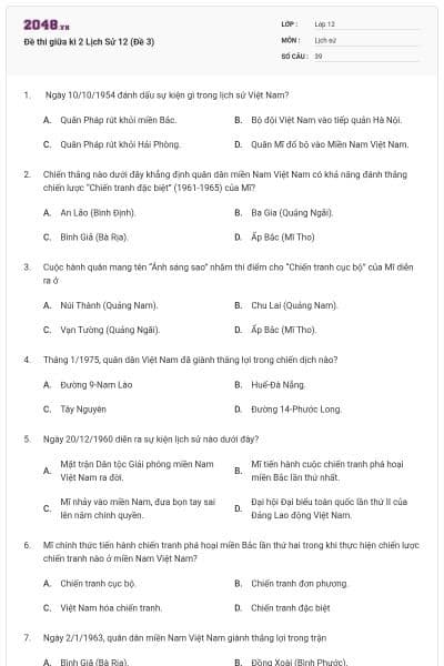 Đề thi giữa kì 2 Lịch Sử 12 (Đề 3)