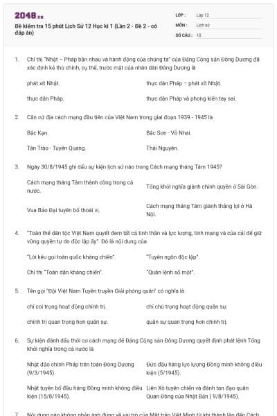 Đề kiểm tra 15 phút Lịch Sử 12 Học kì 1 (Lần 2 - Đề 2 - có đáp án)