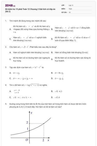 Đề kiểm tra 15 phút Toán 12 Chương 2 Giải tích có đáp án (Đề 2)