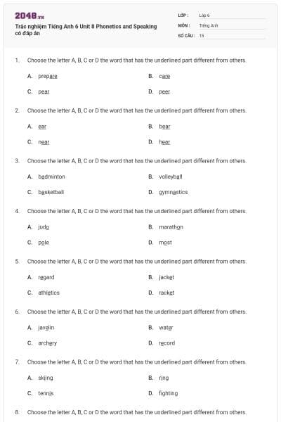 Trắc nghiệm Tiếng Anh 6 Unit 8 Phonetics and Speaking có đáp án