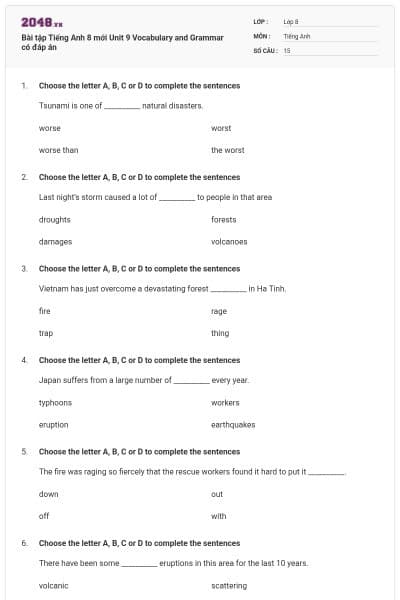 Bài tập Tiếng Anh 8 mới Unit 9 Vocabulary and Grammar có đáp án