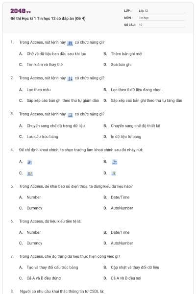 Đề thi Học kì 1 Tin học 12 có đáp án (Đề 4)