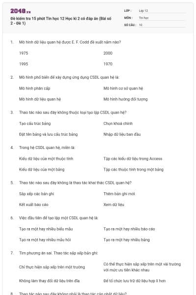 Đề kiểm tra 15 phút Tin học 12 Học kì 2 có đáp án (Bài số 2 - Đề 1)