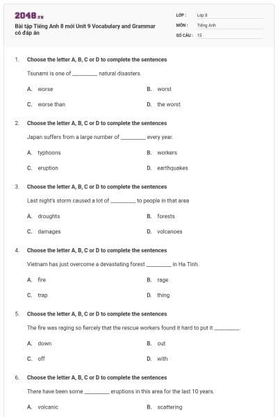 Bài tập Tiếng Anh 8 mới Unit 9 Vocabulary and Grammar có đáp án